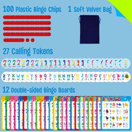 Spanish Bingo Game, 12 Bingo Board Spanish Letters, Numbers & Words Vocabulary Game, Early Educational Toys for Learning - Ages 4 and up, Perfect for Classroom & at Home (Up to 12 Players)