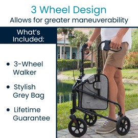 Vive Mobility 3 Wheel Walker - Three Wheeled Rollator for Seniors - Lightweight, Foldable, Narrow, Heavy Duty - for Elderly Men Women - Folding 3-Wheel Tri Scooter with Basket Bag