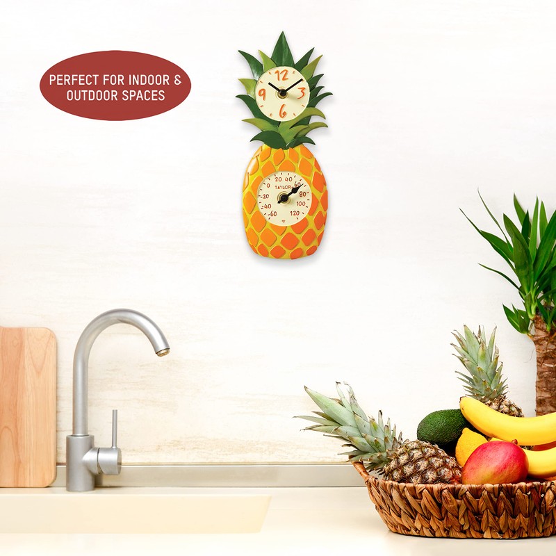 Taylor Pineapple Poly Resin Indoor and Outdoor Clock and Thermometer,