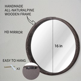 JJUUYOU Circle Wall Mirror 16 Inch Round Wall Mirror for Bathroom, Farmhouse Brown Circular Mirror Washroom Wall Decor Wood Frame Mirror for Living Room, Bedroom, Dorm Decorative