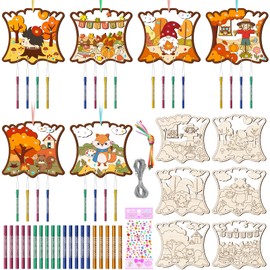 TREACLUB 12Pack Wind Chime Kit for Kids Make Your Own Thanksgiving Wind Chime DIY Coloring Hedgehog Wood Crafts Wooden Arts Funny Worlds Ornaments for Boys Girls School Activities Party Decoration