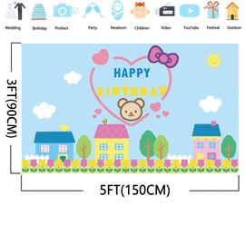 iWeeta Adorable Kitty Theme Birthday Party Backdrop Banner for Baby or Kids, Birthday Decorations Cartoon Pastel Bear Party Background Colorful(5x3FT)