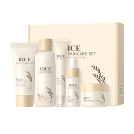 Conjunto de cuidado de la piel de arroz de 5PCS para mujeres,Kit facial para mujeres con limpiador, tóner, suero, crema para ojos y crema para el rost