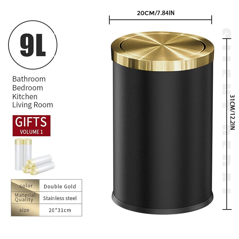 LEASYLIFE 9L/2.4GAL Black Bathroom Trash Can,Gold Small Trash Can with