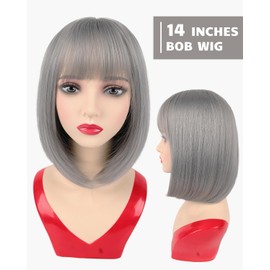 NOTICEME Grey Wig with Bangs, Short Straight Costume Gray Salt and Pepper Wig for Women Cosplay, Synthetic Hair, 14in