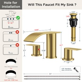 FORIOUS Upgrade Brushed Gold Bathroom Faucets 3 Hole, 8 Inch Widespread Waterfall Bathroom Sink Faucet Two Handle with CUPC Hose and Metal Pop-up Drain for Lavatory, Farmhouse, Rv Remodel