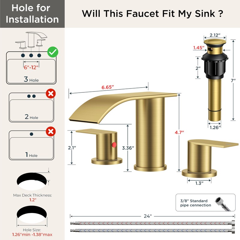 FORIOUS Upgrade Brushed Gold Bathroom Faucets 3 Hole, 8 Inch