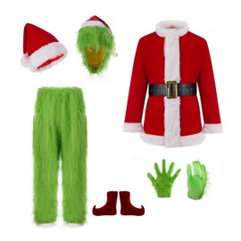 PashaLs 7PCS Christmas Green Monster Costume, Christmas Santa Suit for Adult Men with Mask, X-Large