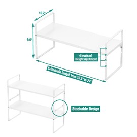 Expandable Cabinet Shelf Organizer Rack, Stackable Kitchen Counter Storage Shelves Stand, Adjustable Height Pantry Shelf Spice Rack, Heavy Duty Nonslip White Large 2Pack