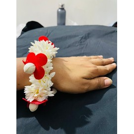 Women's Gajra for Hair, Artificial Scented Jasmine Flowers Bun,White Flowers Accessories for Women, Reusable Traditional gajra, Hair Accessories (White & Red)