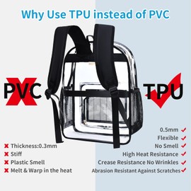 Clear Backpack Heavy Duty TPU See Through Transparent Backpack with Reinforced Strap & Large Capacity for Girls Women School College Workplace Security -Black, 16.1in