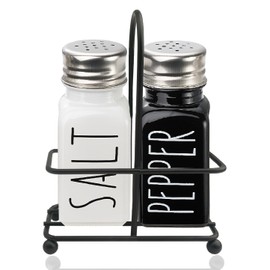 Black & White Glass Salt And Pepper Shakers Set With Stainless Steel Lid,Farmhouse Decor for Kitchen,Kitchen Gadgets for Thanksgiving,Cute Salt Shaker With Mental Holder,No Rubbing Off(BLACK & WHITE)