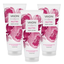 VANDINI 3x NUTRI Body Lotion Damen 200 ml mit Pfingstrosenblüte & Arganöl - Body Lotion für trockene Haut - vegan, ohne Parabene & Silikone, dermatologisch bestätigt, Made in Germany