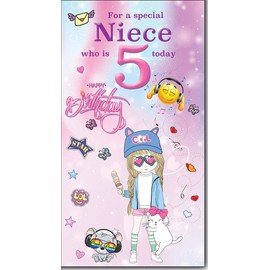 Cardigan Cards For a Special Niece who is 5 Today - Happy Birthday Greeting Card with Lovely Verse - Cool Girl, Kitten, Ice cream & Emojis - Wee Nippers