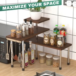 ZHWS Bathroom Counter Organizer for MakeUps, Dresser Table, Kitchen Countertop Organizer Adjustable 3 Tier Corner Shelf with 4 Metal Hooks for Coffee Bar, Spice Rack, Over Sink
