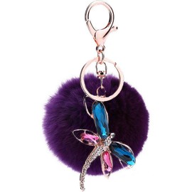 JK Home Dragonfly Pendant Ball Pom Pom Keychain for Car Phone Bag Toy Dark Purple