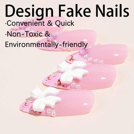 Rilafuvu Medium Press on Nails Almond Fake Nails Pink Nails Press ons with Designs Acrylic Nails 3D Bow Artificial Nails Pearl False Nails Glossy Glue on Nails Nail Press ons for Women and Girls 24Pcs