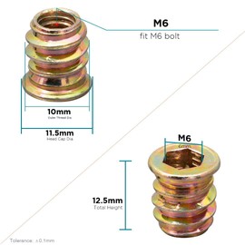 YoiYee Wood Furniture M6 x 13 mm Threaded Insert Nuts Interface Hex Socket Drive Zinc Yellow Passivated - 25 Pack