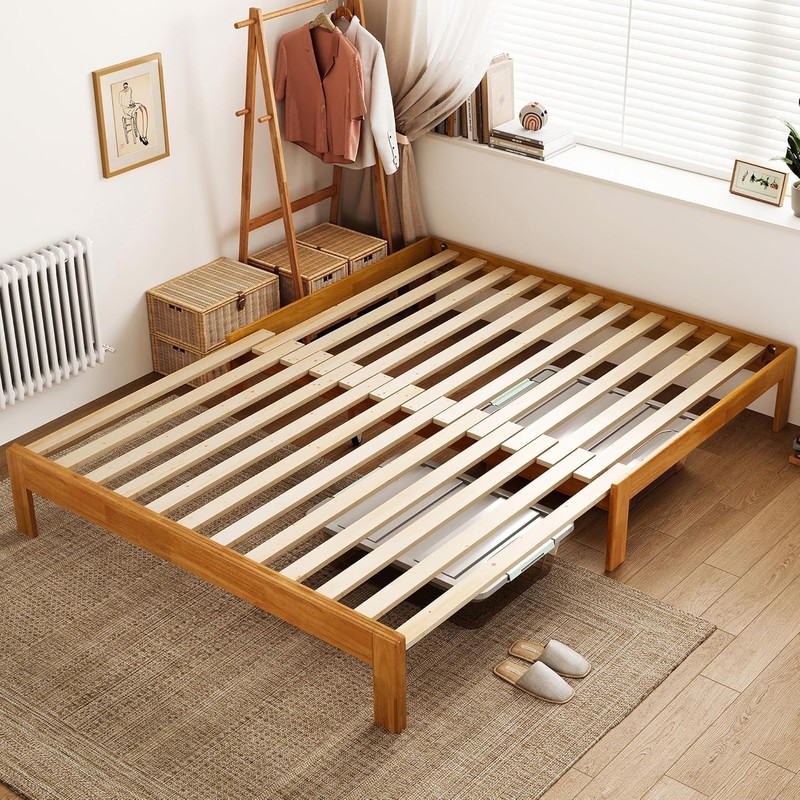 LINSY Wood Bed Frame Full Platform Bed, Retractable Bedframe with