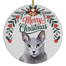 Funny Bluish Russian Blue Cat Christmas Ornament Ceramic Circle White - Merry Christmas 2025 Holiday Keepsake Decoration - Xmas Tree Hanging Decor Gifts for Cat Lovers