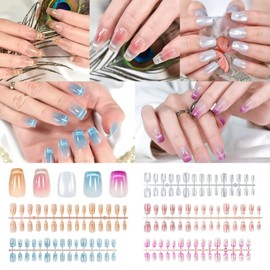 LINSSQ 5 Packs Shimmery Press on Nails Glossy Cat Eye Gel Nail Art Tips Medium Length Coffin French False Nails Salon Manicure Kits Reusable Acrylic Nails Fake Fingernails 150pcs