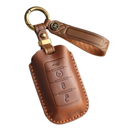ontto Cowhide Car key cover fit for Dodge RAM 1500 2500 3500 4500 5500 2019-2024 keyless go key holder handmade leather case keyring keychain Smart Shell Accessories 4 buttons Brown