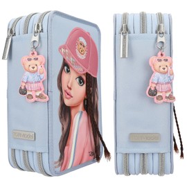 Depesche TOPModel Team Teddy 13010 Filled 3-Compartment Pencil Case in Light Blue with Model Motif and Pendant, Pencil Case with Colouring Pencils, Ruler, Scissors and much more