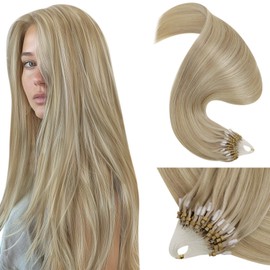 LaaVoo Micro Ring Hair Extensions Human Hair Blonde Balayage 22Inch Micro Loop Hair Extensions Long Straight Remy Human Hair Extensions Micro Beads Blonde Highlighted Light Blonde 50g/50s