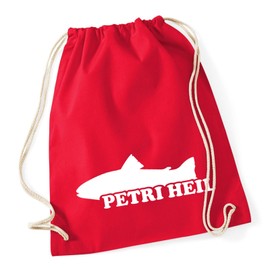 Huuraa Turnbeutel Petri Heil Fischergruß Gymbag Baumwolle 12 Liter Classic Red mit Motiv für Angler Geschenk Idee für Freunde und Familie