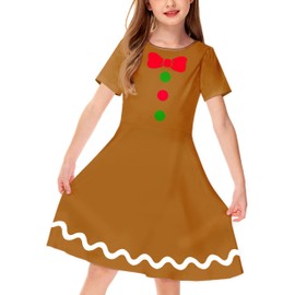 Girl's Xmas Gingerbread Man Dresses Christmas Short Sleeve Printed Dress Novelty Holiday Skater Dress 13-14 Years