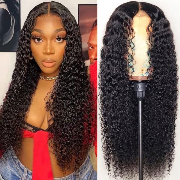 Iris Queen Curly Human Hair Wigs for Black Women 4x4 Lace Front Wigs Glueless Brazilian Human Hair Wig with Baby Hair Pre Plucked 180% Density Bleached Knots(18inch Curly)
