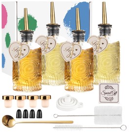 4 pcs Glass Coffee Syrup Dispenser Set - 7 oz Clear Bottles with Gold Pour Spouts, Gold Caps, Gift Box, Labels, Cleaning Brushes, and Spoon - Coffee Bar Accessories for Syrups and Drinks