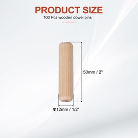 PATIKIL Wooden Dowel Pins 1/2" x 2" (12mm x 50mm) Straight Dowel Rods Wood Fluted Dowels Rods for Crafts Furniture DIY Hardwood Count 100