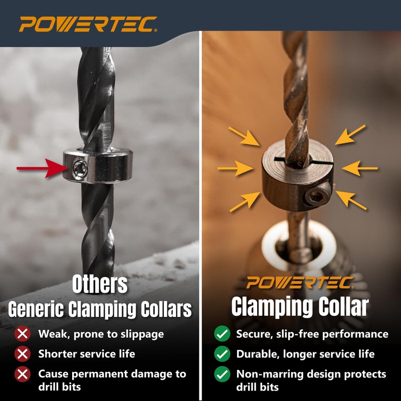 POWERTEC Drill Bit Stop Collar Set, 7 Piece Set Adjustable