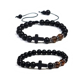 2Pcs Religion Cross Tiger Eye Stone Bead Bracelet for Women Men Matte Agate Crystal Gemstone Seed Elastic Braide Drawstring Bangle Set Adjustable Birthday Jewelry Gift-D yellow