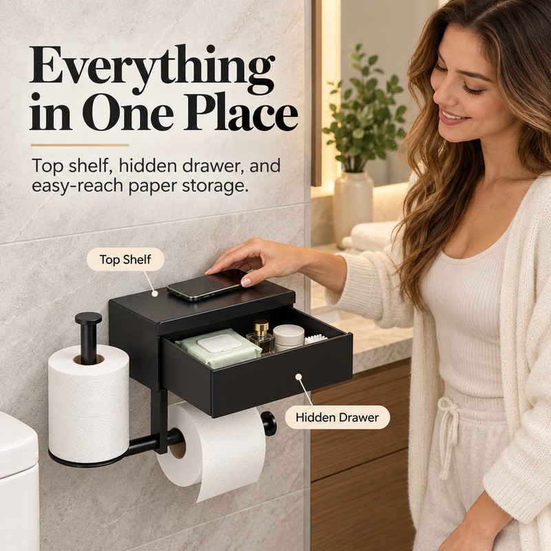Wall-Mounted Toilet Paper Holder with Drawer – No-Drill Bathroom Tissue