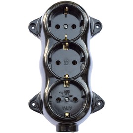 Socket fix, retro, 3-way, 16A-250V, surface-mounted, brass, thick, black, retro bakelite look, old