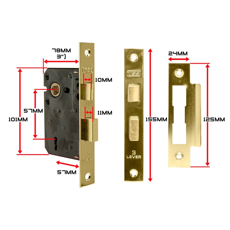 TSS 3 Lever Mortice Sash Lock for Internal Doors 3"