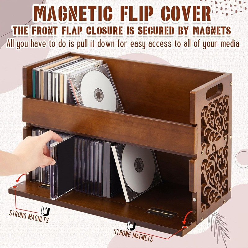 CroBlissful 2-Tier Wooden CD Storage Holder, Cutout Brown CD Display
