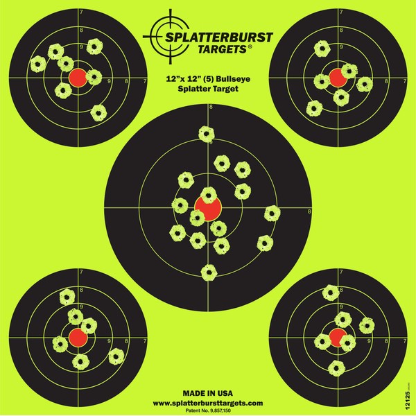 Splatterburst Targets - 12 x12 inch (5) Bullseye Reactive Shooting Target - Shots Burst Bright Fluorescent Yellow Upon Impact - Gun - Rifle - Pistol - Airsoft - BB Gun - Air Rifle (25 Pack)