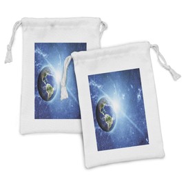 Lunarable Outer Space Fabric Pouch Set of 2, Planet Earth Space with Clear View Continents Oceans Clouds Sunbeam, Small Drawstring Bag for Toiletries Masks and Favors, 9" x 6", Blue Pale Blue Green