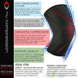 NV Compression Knee Sleeve/Support (Single or Pair) Essential Race & Recover Premium Sleeve for Meniscus Tear, ACL, MCL Running & Arthritis (1 Pair - Black/Red, Large)