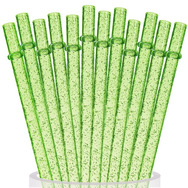 ALINK 12PCS Reusable Clear Green Glitter Straws, 11" Long Hard