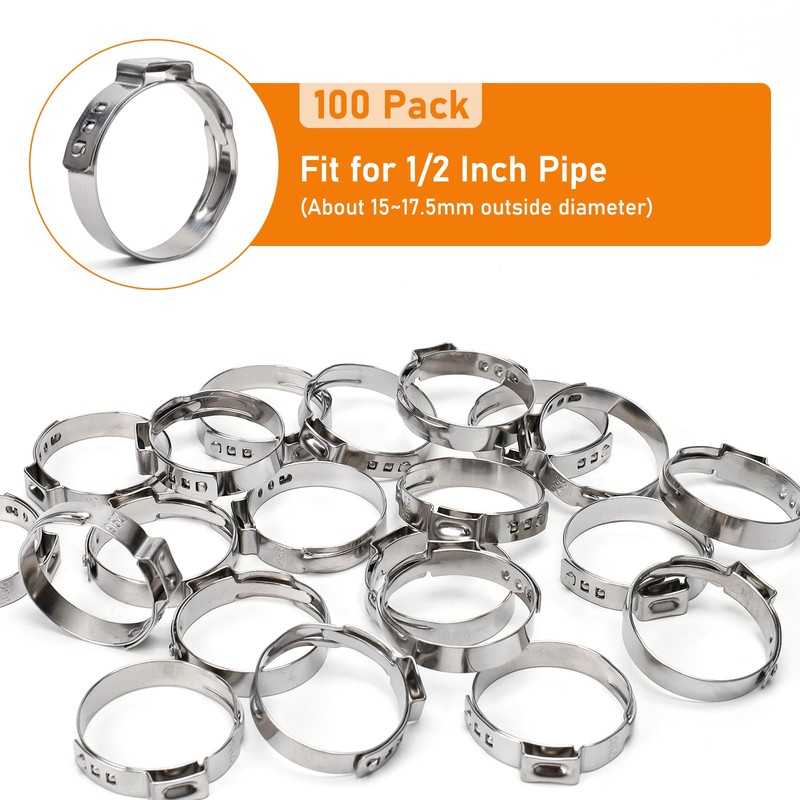 Sieqioor 100 Pack 1/2 Inch(17.5mm) PEX Cinch Clamps, Stainless Steel