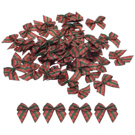 MECCANIXITY 50Pcs Mini Gingham Ribbon Bow 1" Checkered Fabric Satin Ribbon Bows for Craft DIY Hair Bow Sewing Wedding Birthday Party Deep Red Green