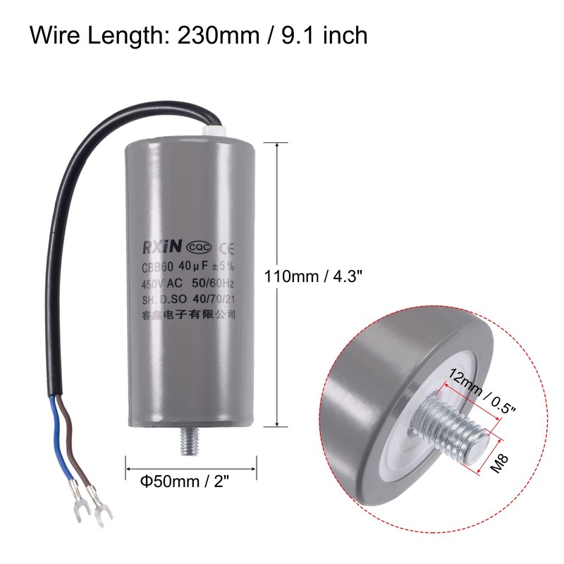 uxcell CBB60 Run Capacitor 40uF 450V AC 2 Wires 50/60Hz