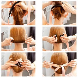 Ruihfas 4Pcs Elegant Ribbon Magic French Twist Bun Maker Clip Hook Holder Magic Roll Rings Donut Updo Chignon Former Pads Foam Sponge Hair Style Curler Braid Ponytail Stick Hairstyle Styling Tool Accessories