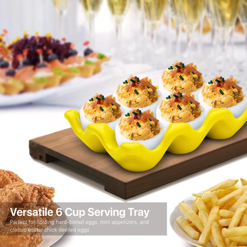 Ceramic Egg Tray 6-Cup Egg Holder Container for Fridge (Yellow,