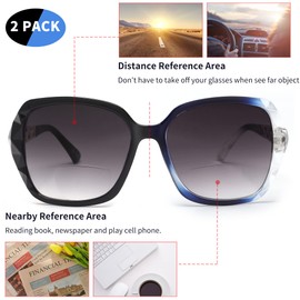 JM 2 Pack Bifocal Sunglasses for Women, Oversized Fashion Square Sun Reader, Black & Blue +2.5