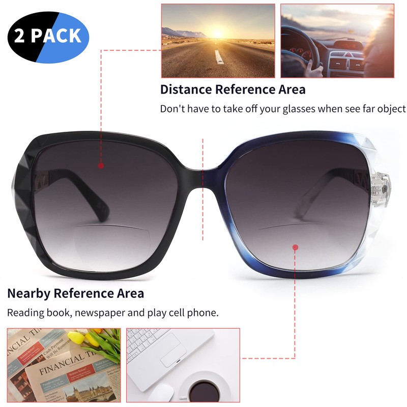 JM 2 Pack Bifocal Sunglasses for Women, Oversized Fashion Square